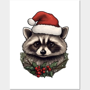 Santa hat Raccoon with holly Posters and Art